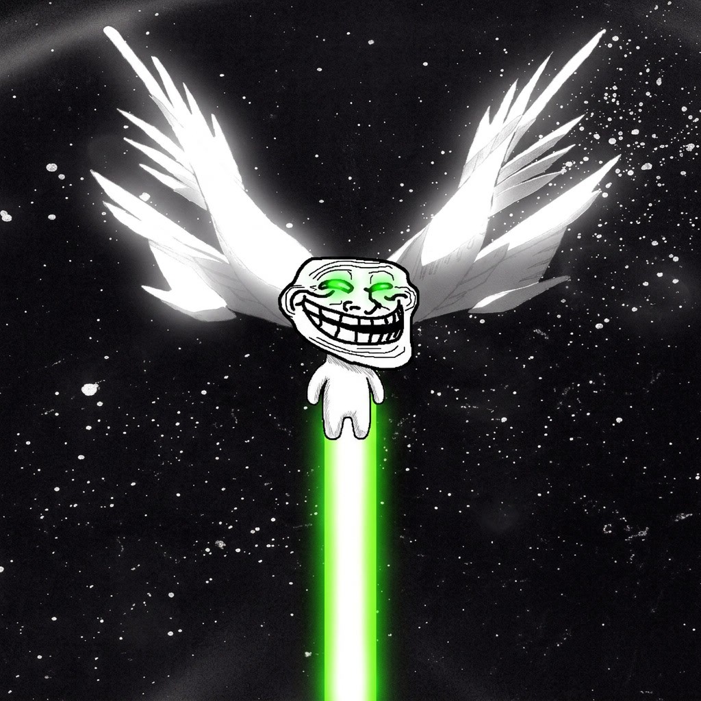 smol troll ascending with wings and a green beam