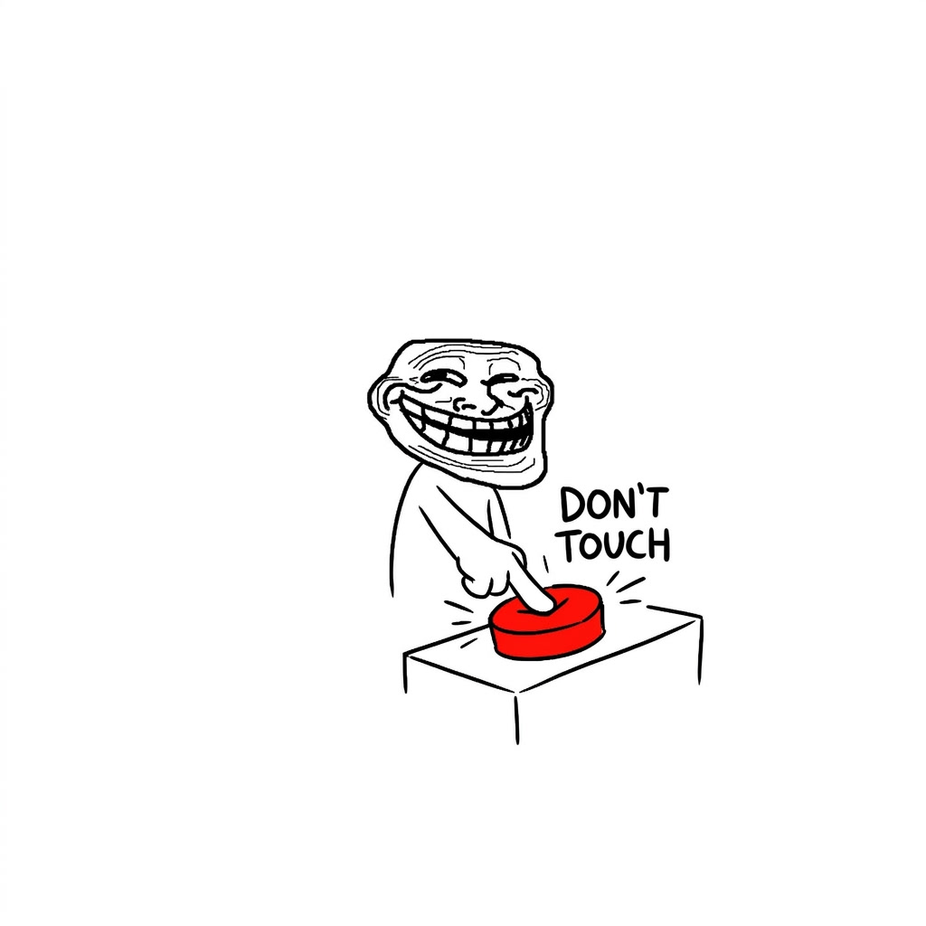 smol troll pressing a red button labeled don't touch
