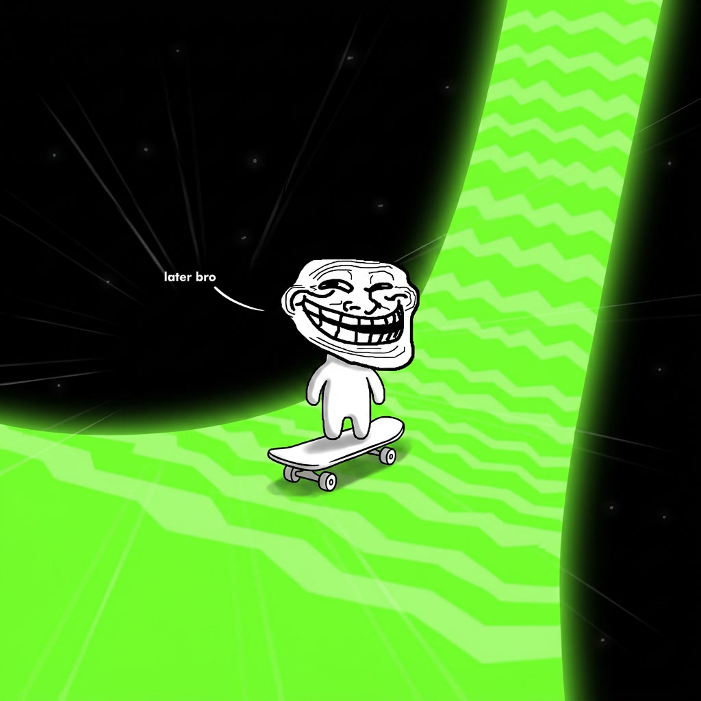 smol troll skateboarding away into a green tunnel